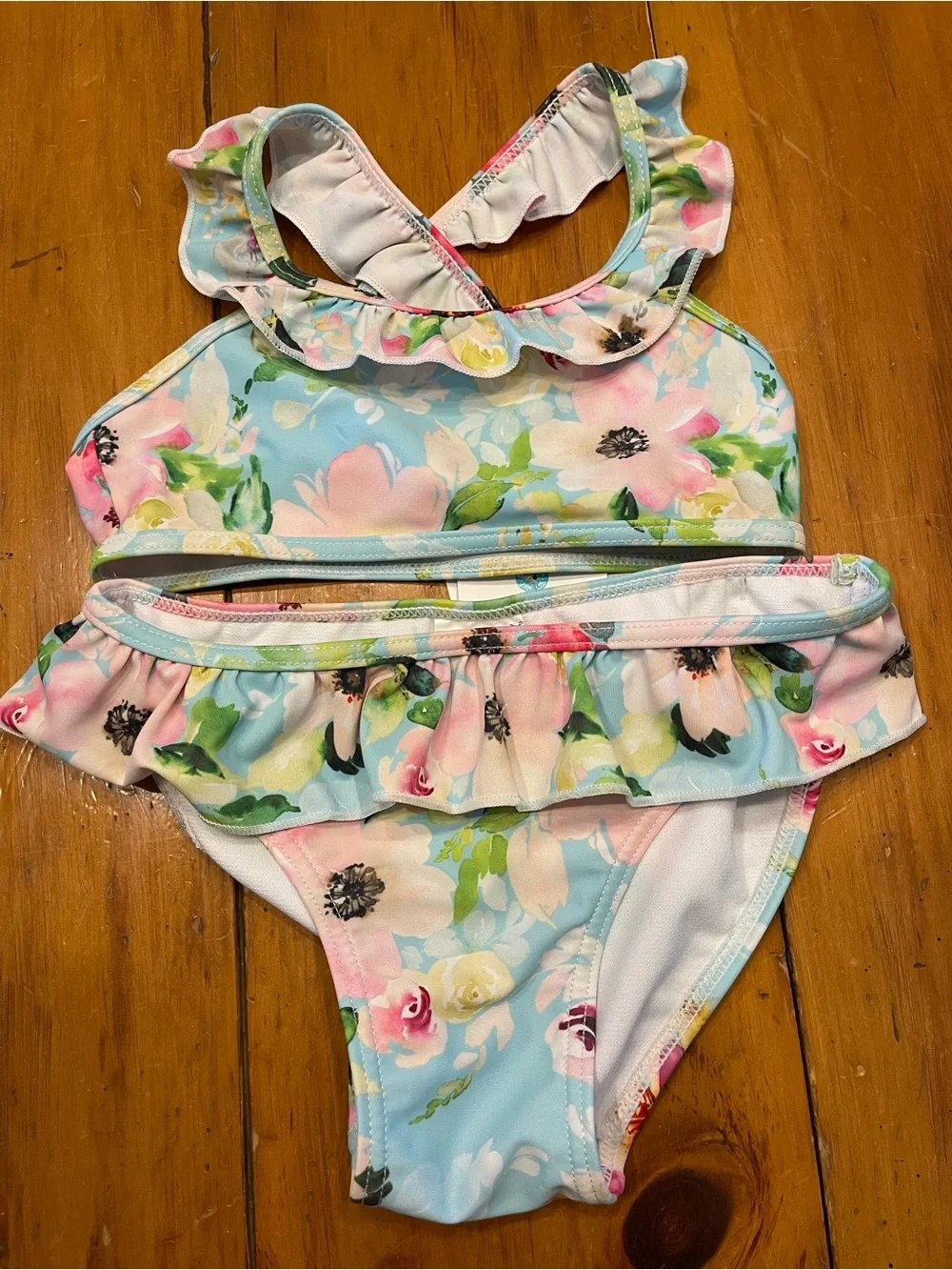 Snapper Rock Girls Floral Ruffle Bikini - Light Blue, Pink, Green